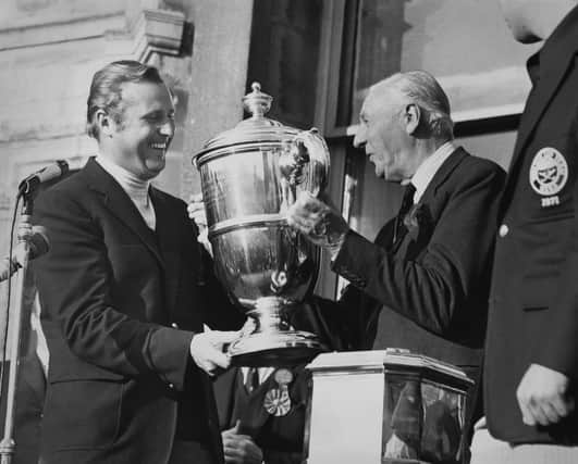 Sir Michael Bonallack OBE, then playing captain, is presented with the Walker Cup after Great Britain and Ireland's success at St Andrews in 1971.Picture: Cowper/Central Press/Hulton Archive/Getty Images.