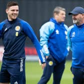 Scotland head coach Steve Clarke (right) and captain Andy Robertson during a training session at Lesser Hampden yesterday. (Photo by Alan Harvey / SNS Group)