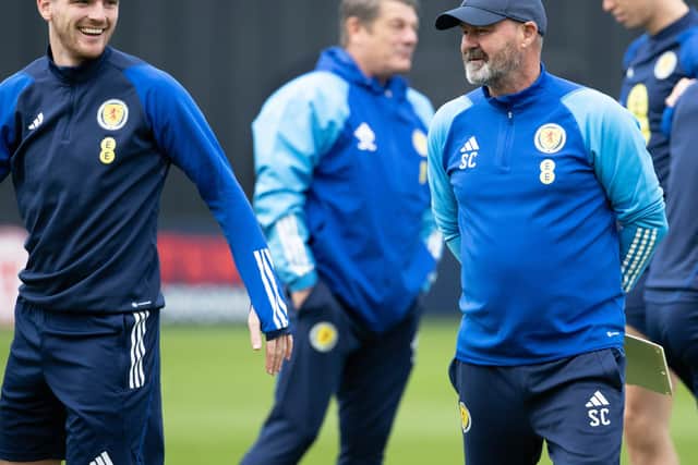 Scotland head coach Steve Clarke (right) and captain Andy Robertson during a training session at Lesser Hampden yesterday. (Photo by Alan Harvey / SNS Group)