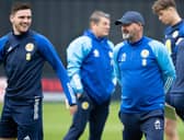Scotland head coach Steve Clarke (right) and captain Andy Robertson during a training session at Lesser Hampden yesterday. (Photo by Alan Harvey / SNS Group)