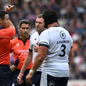 Scotland prop Zander Fagerson, right, was initially shown a yellow card against France by referee Ben O'Keeffe but it was later upgraded to red following a referral to the Foul Play Review Officer.  (Photo by PAUL ELLIS/AFP via Getty Images)