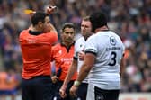 Scotland prop Zander Fagerson, right, was initially shown a yellow card against France by referee Ben O'Keeffe but it was later upgraded to red following a referral to the Foul Play Review Officer.  (Photo by PAUL ELLIS/AFP via Getty Images)