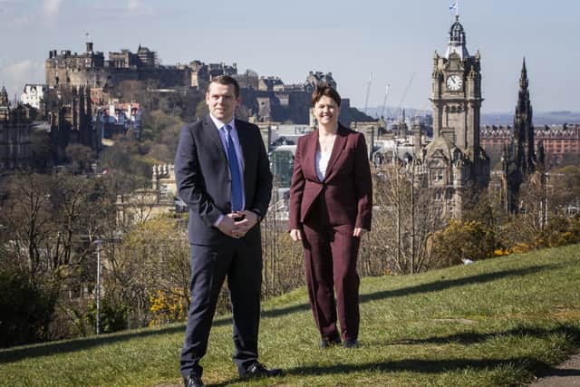 Scottish Conservative party leader Douglas Ross and Ruth Davidson on Calton Hill, Edinburgh during the election campaign.