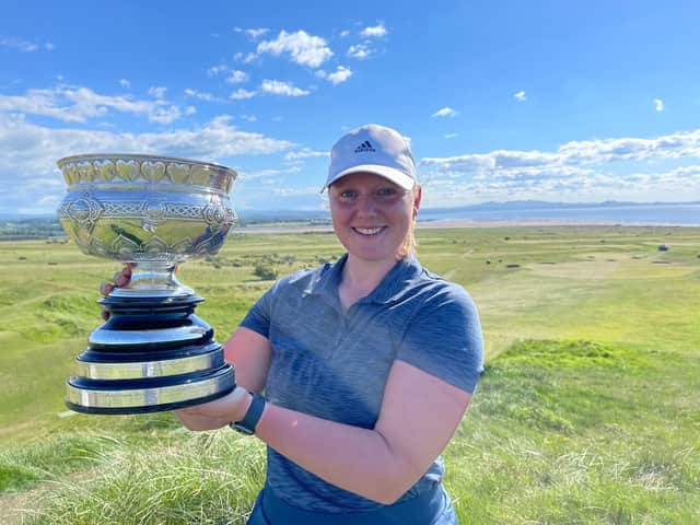 Chloe Goadby (St Regulus) shows off the Scottish Women's Championship trophy after her win at Gullane. Picture: Gullane Golf Club