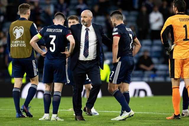 Scotland boss Steve Clarke consoles Andy Robertson and John McGinn after the 3-1 defeat to Ukraine at Hampden. (Photo by Alan Harvey / SNS Group)