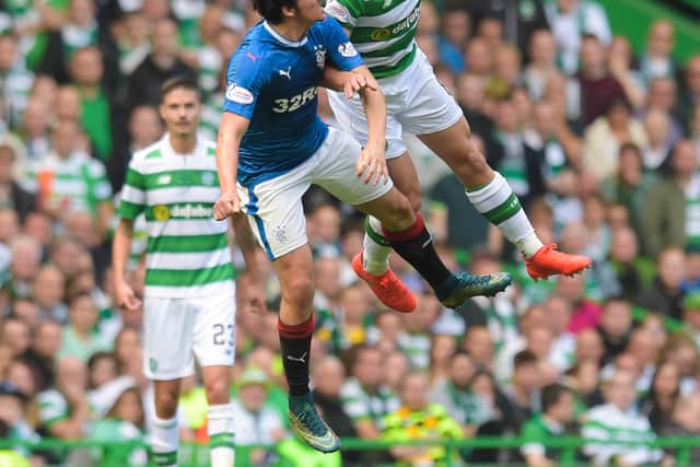 Scott Brown thunders in to win a header against Joey Barton in a famous tone-setting moment in Celtic's 5-1 thumping of Rangers in September 2016. (Photo by Craig Williamson/SNS Group).