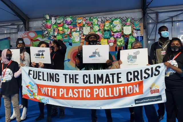 Activists from environmental campaign group Break Free From Plastic staged at protest in the COP26 blue Zone, hitting out at the role of domestic product manufacturing giant Unilever as a principal partner of the UN summit, condemning the company as a “top plastic and climate polluter”
