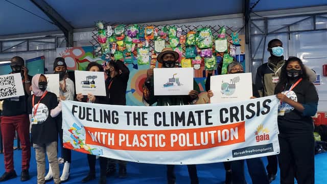 Activists from environmental campaign group Break Free From Plastic staged at protest in the COP26 blue Zone, hitting out at the role of domestic product manufacturing giant Unilever as a principal partner of the UN summit, condemning the company as a “top plastic and climate polluter”