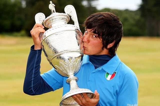 Matteo Manassero kisses the trophy after winning the Amateur Championship at Formby in 2009. Picture: Richard Heathcote/Getty Images.