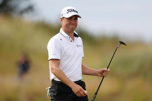 NORTH BERWICK, SCOTLAND - JULY 11: Justin Thomas of the United States reacts to birdie putt on the 10th green during day one of the Genesis Scottish Open at The Renaissance Club on July 11, 2024 in North Berwick, Scotland. (Photo by Harry How/Getty Images)