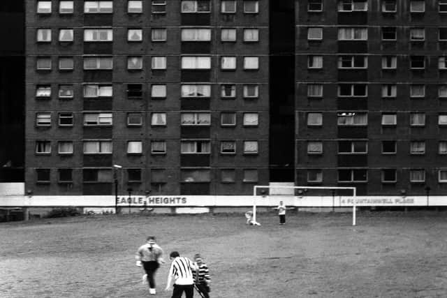 -Football at Eagle Heights in Sighthill, Glasgow. The tower block was demolished in 2008, around three years after this photograph was taken. PIC: Toby Binder.