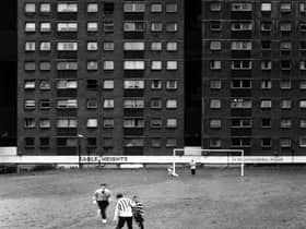 -Football at Eagle Heights in Sighthill, Glasgow. The tower block was demolished in 2008, around three years after this photograph was taken. PIC: Toby Binder.