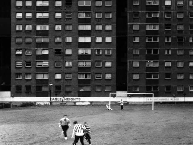 -Football at Eagle Heights in Sighthill, Glasgow. The tower block was demolished in 2008, around three years after this photograph was taken. PIC: Toby Binder.