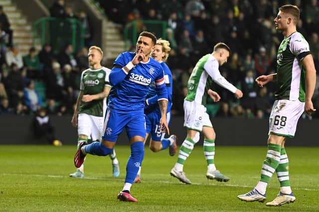 Rangers' James Tavernier silences the Hibs fans after scoring his penalty kick equaliser. (Photo by Paul Devlin / SNS Group)