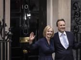 Liz Truss and husband Hugh O'Leary pose outside number 10 Downing Street