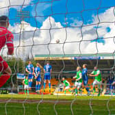 Hibernian's Emiliano Marcondes scores to make it 1-0 during the cinch Premiership match against St Johnstone at McDiarmid Park, on April 27, 2024, in Perth, Scotland.  (Photo by Alan Harvey / SNS Group)