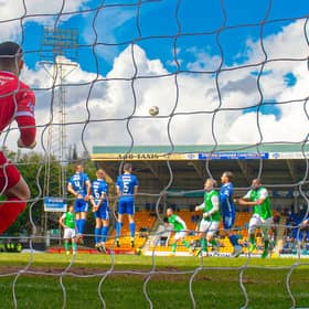 Hibernian's Emiliano Marcondes scores to make it 1-0 during the cinch Premiership match against St Johnstone at McDiarmid Park, on April 27, 2024, in Perth, Scotland.  (Photo by Alan Harvey / SNS Group)