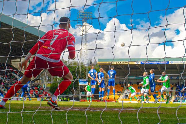 Hibernian's Emiliano Marcondes scores to make it 1-0 during the cinch Premiership match against St Johnstone at McDiarmid Park, on April 27, 2024, in Perth, Scotland.  (Photo by Alan Harvey / SNS Group)