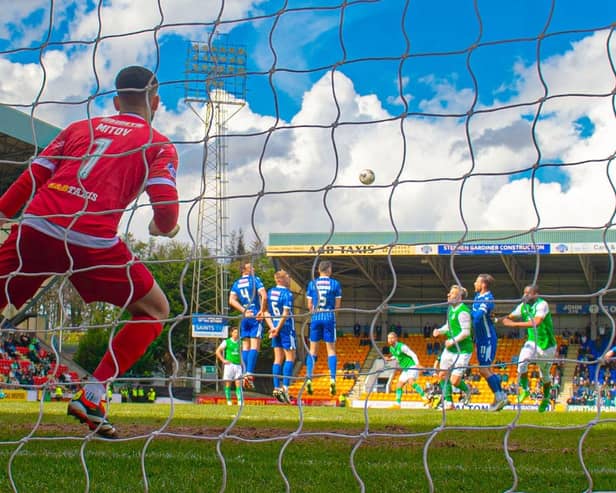 Hibernian's Emiliano Marcondes scores to make it 1-0 during the cinch Premiership match against St Johnstone at McDiarmid Park, on April 27, 2024, in Perth, Scotland.  (Photo by Alan Harvey / SNS Group)