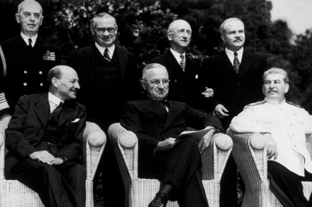 In the 1945 election, voters backed Labour and Clement Attlee, seen with US President Harry S Truman and Soviet dictator Joseph Stalin at the Potsdam conference in August 1945, amid high hopes for the post-war period, but five years later they returned to Winston Churchill's Conservatives (Picture: Keystone/Getty Images)