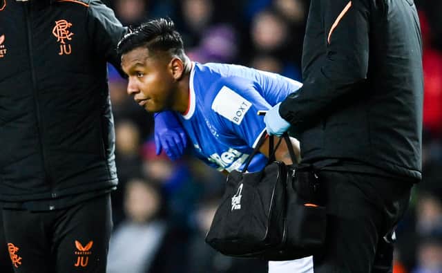 Rangers striker Alfredo Morelos is treated for a hamstring injury during the 3-0 win over Motherwell. (Photo by Rob Casey / SNS Group)