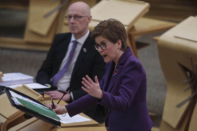 First Minster Nicola Sturgeon during First Minster's Questions, where she was challenged on claims that Glasgow City Council were planning to bring in agency staff to break the strike action. Picture date: Thursday November 4, 2021. Photo credit: Fraser Bremner/Daily Mail/PA Wire
