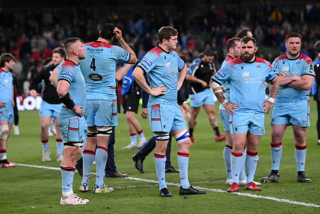 Disappointment for the Glasgow Warriors players following their 43-19 defeat by Toulon in the Challenge Cup final in Dublin. (Photo by Stu Forster/Getty Images)