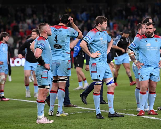 Disappointment for the Glasgow Warriors players following their 43-19 defeat by Toulon in the Challenge Cup final in Dublin. (Photo by Stu Forster/Getty Images)
