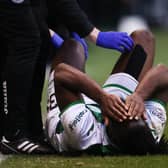 Hibs defender Rocky Bushiri goes down injured during the Scottish Cup fourth round defeat to Hearts on Sunday. (Photo by Craig Williamson / SNS Group)