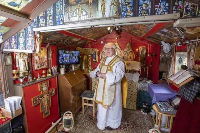 Shed heaven: Father Len Black in his shed, the Oratory of St Joseph, in Inverness