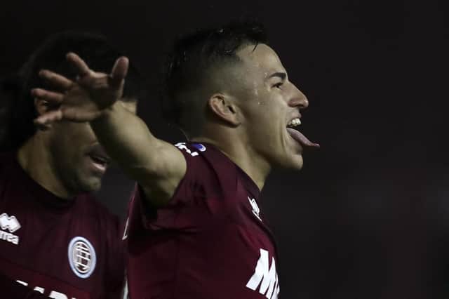 Alexandro Bernabei celebrates after scoring for Lanus against Montevideo Wanderers in a Copa Sudamericana match on May 19, 2022. (Photo by ALEJANDRO PAGNI/AFP via Getty Images)