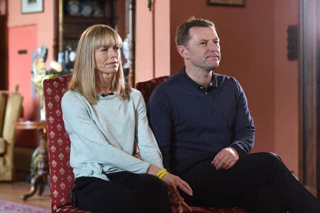 In this photo taken on April 28, 2017 Kate (L) and Gerry (R) McCann, whose daughter Madeleine disappeared from a holiday flat in Portugal in 2007, are seen during an interview with the BBC's Fiona Bruce at Prestwold Hall in Loughborough. (Photo by JOE GIDDENS/POOL/AFP via Getty Images)
