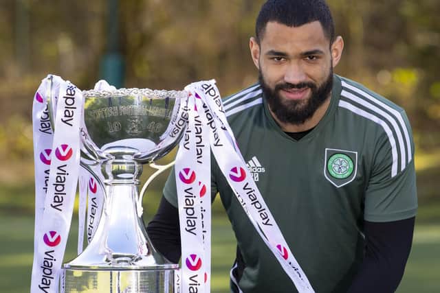 Celtic defender Cameron Carter-Vickers with the Viaplay Cup trophy. (Photo by Alan Harvey / SNS Group)