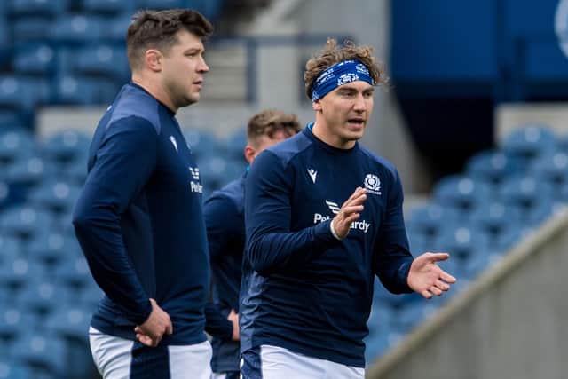 Jamie Ritchie, right, with Grant Gilchrist during the Scotland team run at BT Murrayfield.  (Photo by Ross Parker / SNS Group)