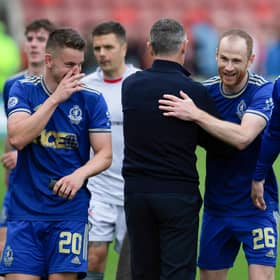 Mark Reynolds celebrates after scoring twice to earn Cove Rangers a draw at promotion chasers Partick Thistle. (Photo by Ewan Bootman / SNS Group)