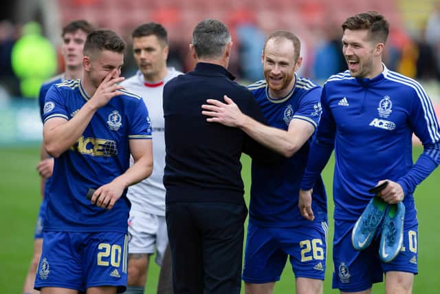 Mark Reynolds celebrates after scoring twice to earn Cove Rangers a draw at promotion chasers Partick Thistle. (Photo by Ewan Bootman / SNS Group)