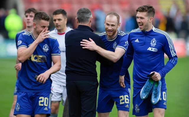 Mark Reynolds celebrates after scoring twice to earn Cove Rangers a draw at promotion chasers Partick Thistle. (Photo by Ewan Bootman / SNS Group)