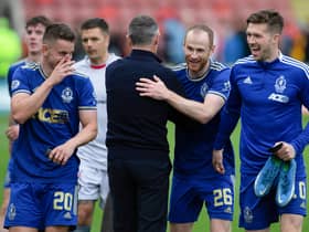 Mark Reynolds celebrates after scoring twice to earn Cove Rangers a draw at promotion chasers Partick Thistle. (Photo by Ewan Bootman / SNS Group)
