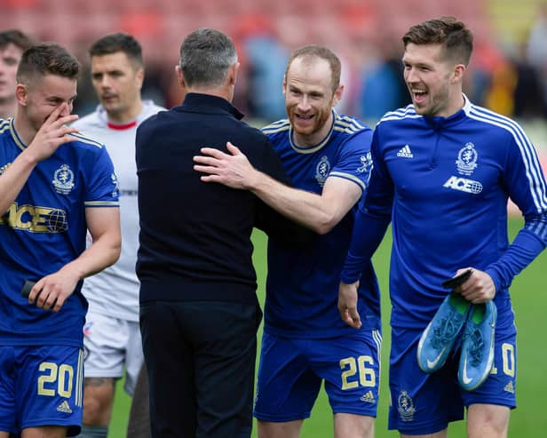 Mark Reynolds celebrates after scoring twice to earn Cove Rangers a draw at promotion chasers Partick Thistle. (Photo by Ewan Bootman / SNS Group)