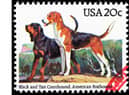 A Black and Tan Coonhound and an American Fox Hound on an American stamp.