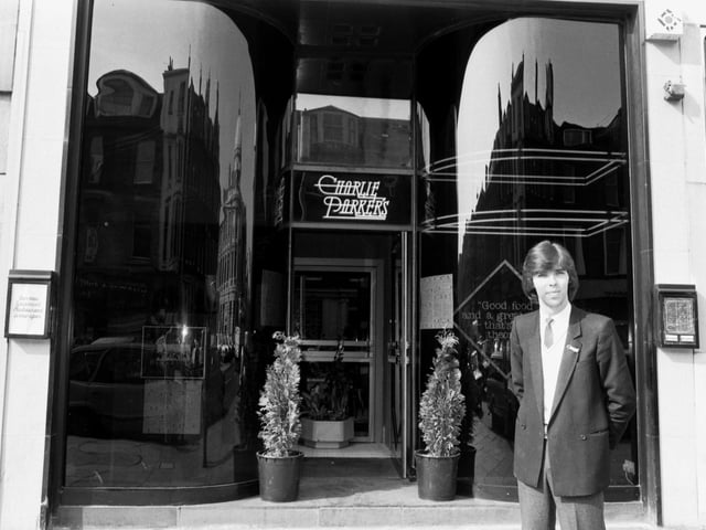 Manager Hugh McShannon stands outside the entrance to Charlie Parkers Restaurant and Cocktail Bar, George Street, September 1981