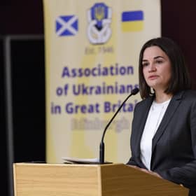 Sviatlana Tsikhanouskaya, the leader of the Belarussian Democratic Movement, speaks at an event in Scotland alongside Cabinet secretary Angus Robertson. Picture: Ian Georgeson