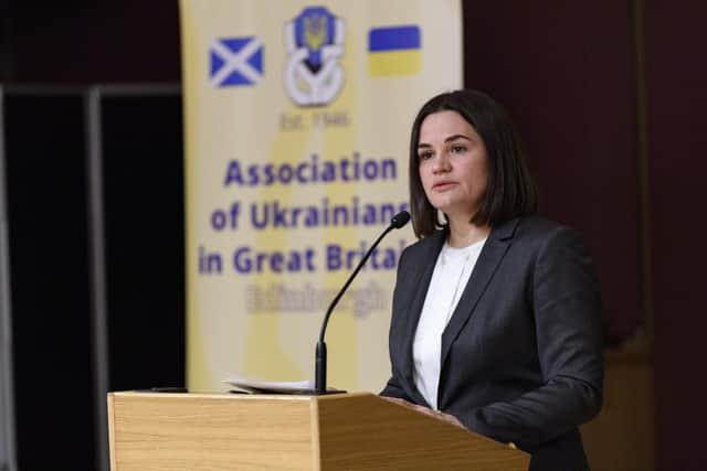 Sviatlana Tsikhanouskaya, the leader of the Belarussian Democratic Movement, speaks at an event in Scotland alongside Cabinet secretary Angus Robertson. Picture: Ian Georgeson