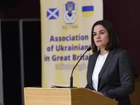 Sviatlana Tsikhanouskaya, the leader of the Belarussian Democratic Movement, speaks at an event in Scotland alongside Cabinet secretary Angus Robertson. Picture: Ian Georgeson