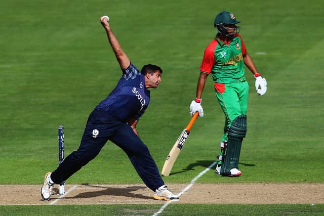 Majid Haq in action for Scotland during the 2015 ICC Cricket World Cup match against Bangladesh (Photo by Hannah Peters/Getty Images)