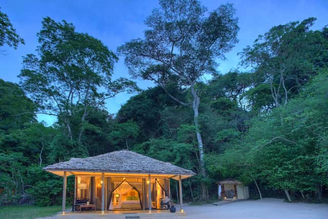 The accommodatoin at Asilia camp at Rubondo Island, Lake Victoria, Tanzania, where 16 chimps from European zoos were introduce  in the 1960s, along with elephants, giraffes, hippos and sitatunga antelopes and it is now an important refuge for the threatened animals, with more than 60 great apes.