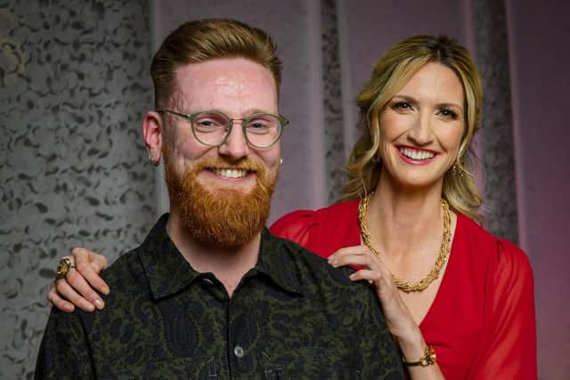 Calum McIlroy, the new BBC Radio Scotland Young Traditional Musician of the year, with broadcaster Joy Dunlop, who hosted the final of the annual contest in Glasgow. Picture: Alan Peebles