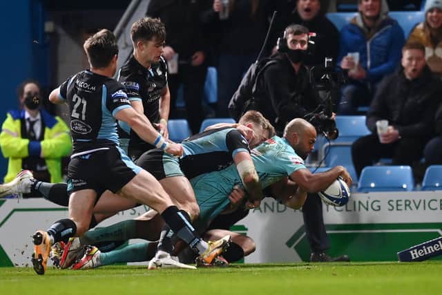 Tom O'Flaherty scored a hat-trick as Exeter Chiefs beat Glasgow Warriors 52-17 at Sandy Park. (Photo by Dan Mullan/Getty Images)