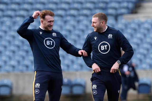 Stuart Hogg, left, will replace Finn Russell at stand-off for Scotland against Italy on Saturday. Picture: Jane Barlow/PA