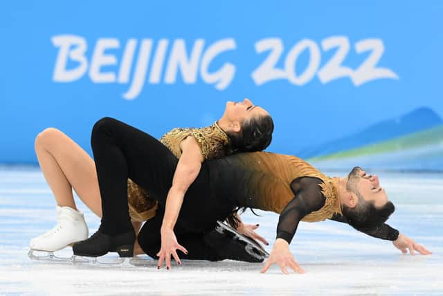 Lilah Fear and Lewis Gibson of Team Great Britain skate during the Ice Dance Free Dance on day ten of the Beijing 2022 Winter Olympic Games at Capital Indoor Stadium on February 14, 2022 in Beijing, China.